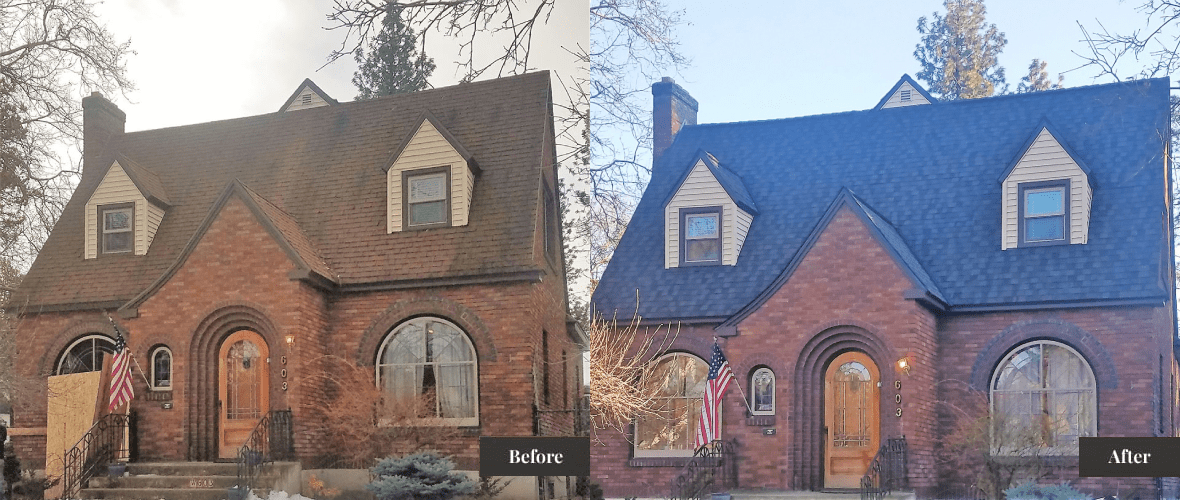 Before and after roof replacement on a brick Spokane home